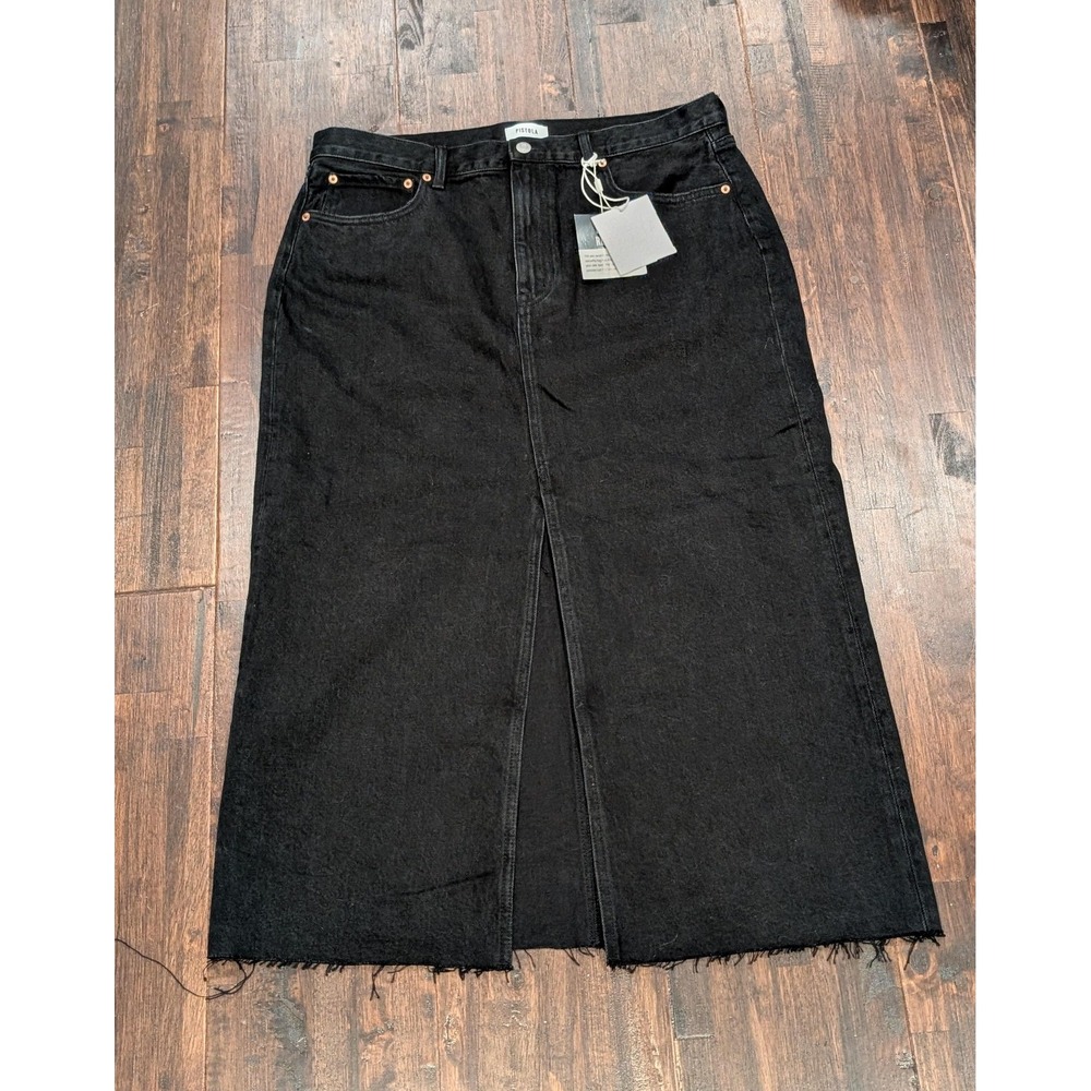 New Pistola High Rise Black Denim Maxi Skirt‎ Women 36x38 Raw Hem Front Slit
